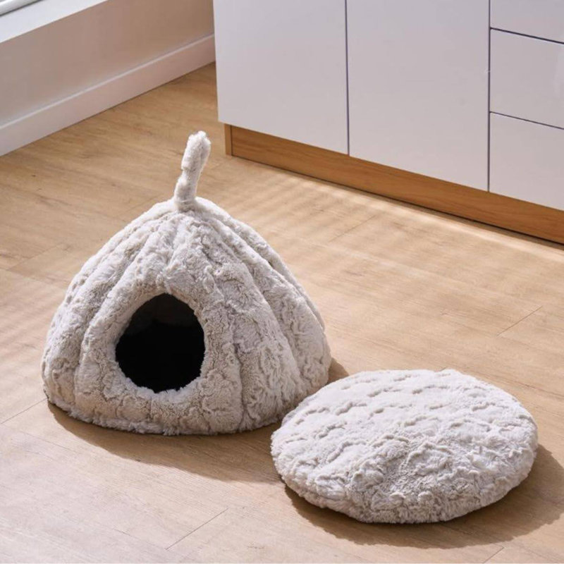 Medium Plush White Hut-Shaped Cat Bed