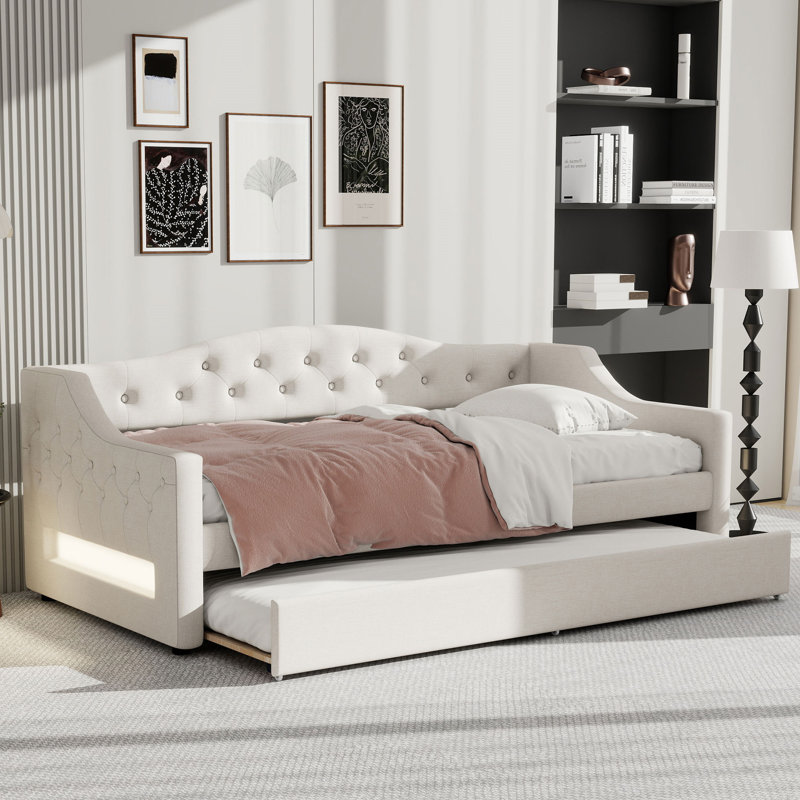 Lit de jour rembourré avec ceinture DEL et lit gigogne, Beige