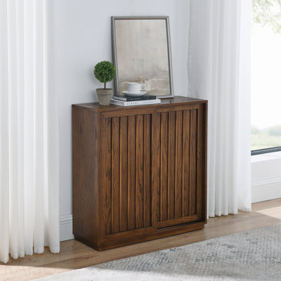 Armoire de rangement, buffet Mid-Century en bois avec 2 portes coulissantes et bandes décoratives solides
