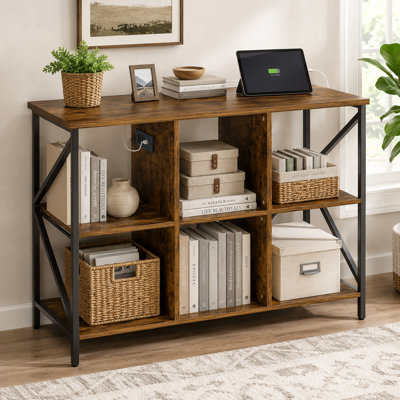 Console industrielle à 6 casiers de 43,3 pouces avec prises intégrées et ports USB, canapé de rangement ouvert pour salon d'entrée