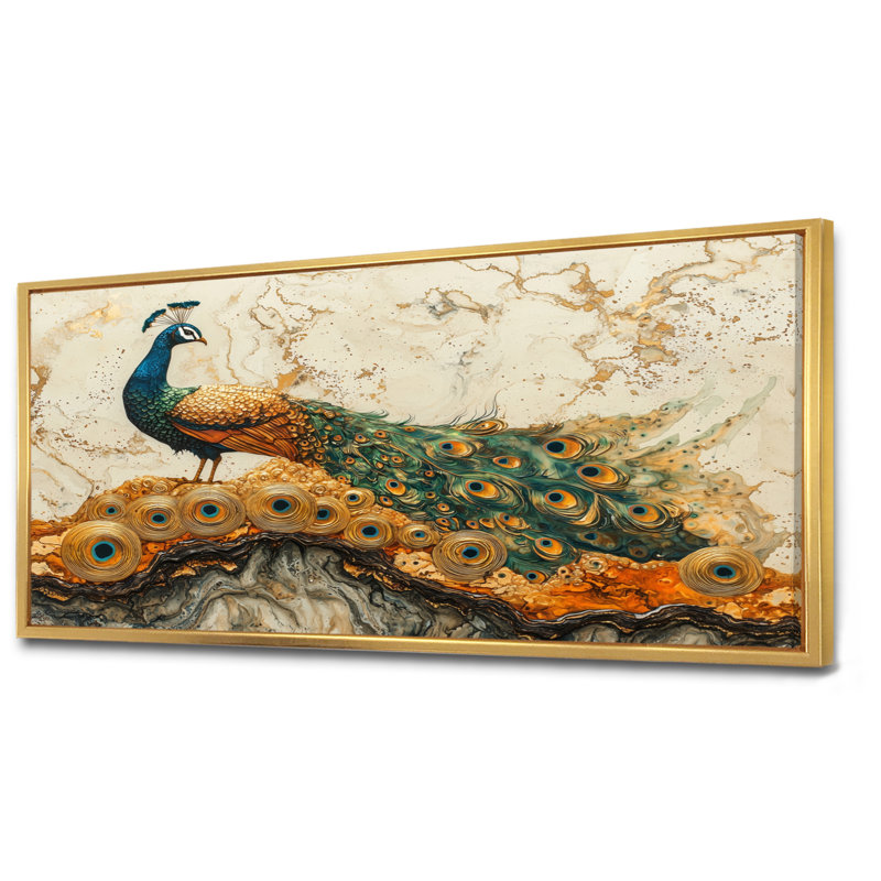Aquarelle dorée et paysage de paon en bois II - art sur toile paon, H 28 po x l 60 po, Reproduction avec cadre flottant, Doré