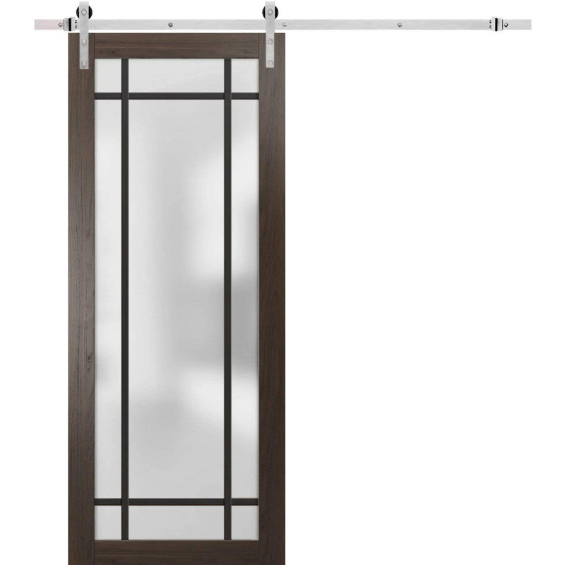 Porte de grange robuste en verre trempé givré | Planum 2112 | Ensemble de quincaillerie lourde pour cintres 6,6 pi argenté | Portes intérieures modernes à panneau massif - verre givré - rail argenté