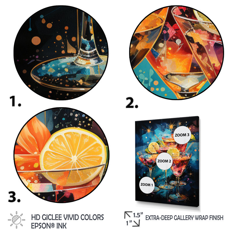 Dazire Cocktail Cocktail Confetti V sur toile, H 20 po x l 12 po x P 1 po, Cadre flottant noir