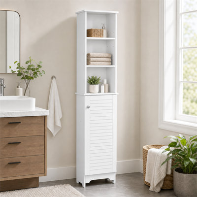 Armoire de rangement autoportante blanche pour salle de bain 65 po avec tablettes ouvertes à trois niveaux et bacs de rangement
