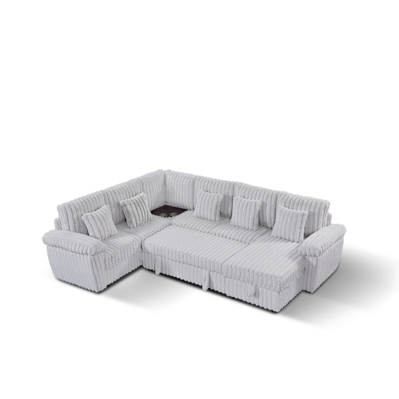 110-Inch U-Shaped Corduroy Sectional Sofa With Storage And Pull-Out Bed, USB Port & Cup Holder,Light Gray