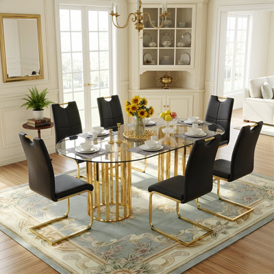 71" Modern Round Dining Table Set for 6, Tempered Glass Dining Table with Metal Pedestal & Faux Leather Chairs