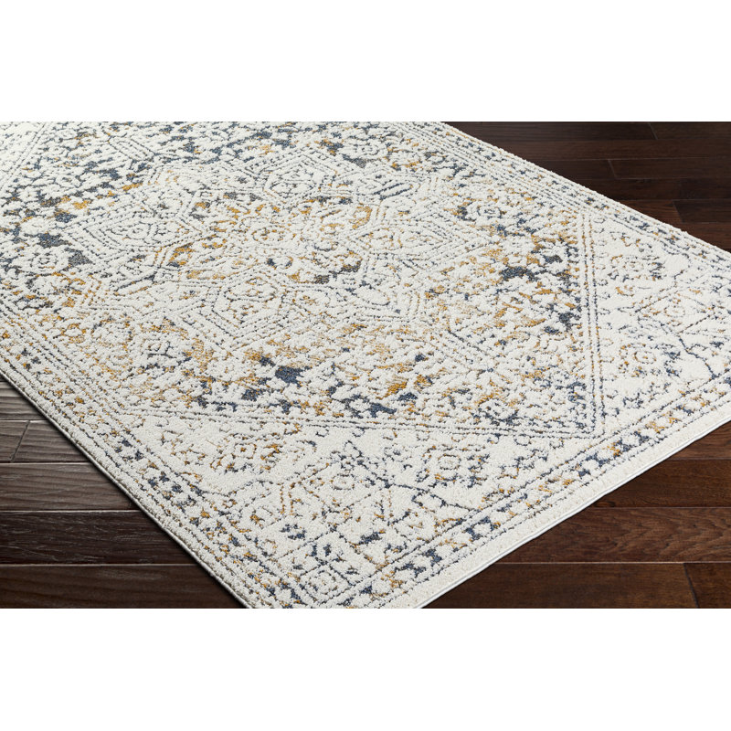 Rectangle Denisia Oriental Machine Woven Polyester Area Rug in Cream/Blue, Rectangle 5'3" x 7'