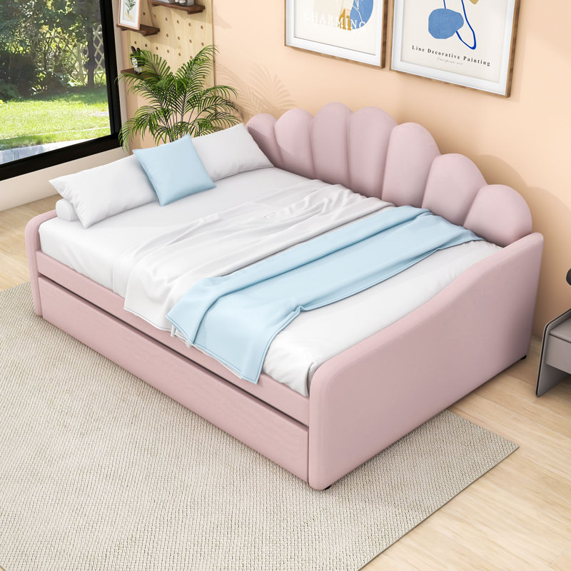 Full Upholstered Daybed with Trundle, Pink