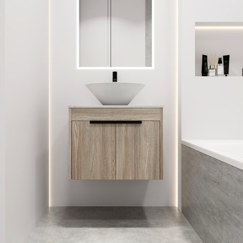 Meuble-lavabo mural 24 po avec vasque en céramique, meuble-lavabo en chêne blanc, charnières à fermeture en douceur, style flottant, rangement spacieux, poignées en métal, porte à fermeture en douceur de 2 pièces, armoires de porte, paquets