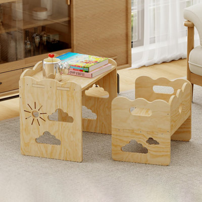 Montessori Kid Table and Chair Set for Weaning Baby, Wood Toddler Table and Chair, Sturdy Wooden Nursery Furniture for Mealtime, Learning and Play, Single-Seat