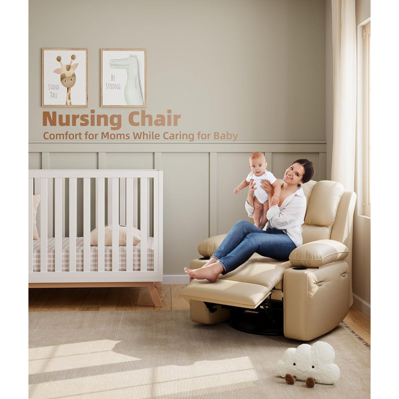 37.4" Oversized Recliner Chair, 360° Rocker Swivel Recliner With Heat And Massage, Beige, Power - Push Button