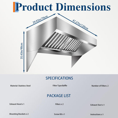 4FT Food Truck Exhaust Hood – Stainless Steel Commercial Vent with 2 Removable Oil Filter Mesh for Restaurant & Concession Kitchens