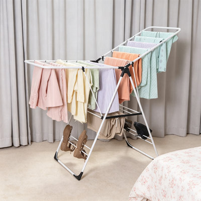 Foldable Gullwing Laundry Drying Rack with Adjustable Wings, Space Saving Clothes Hanger with Shoe Holder