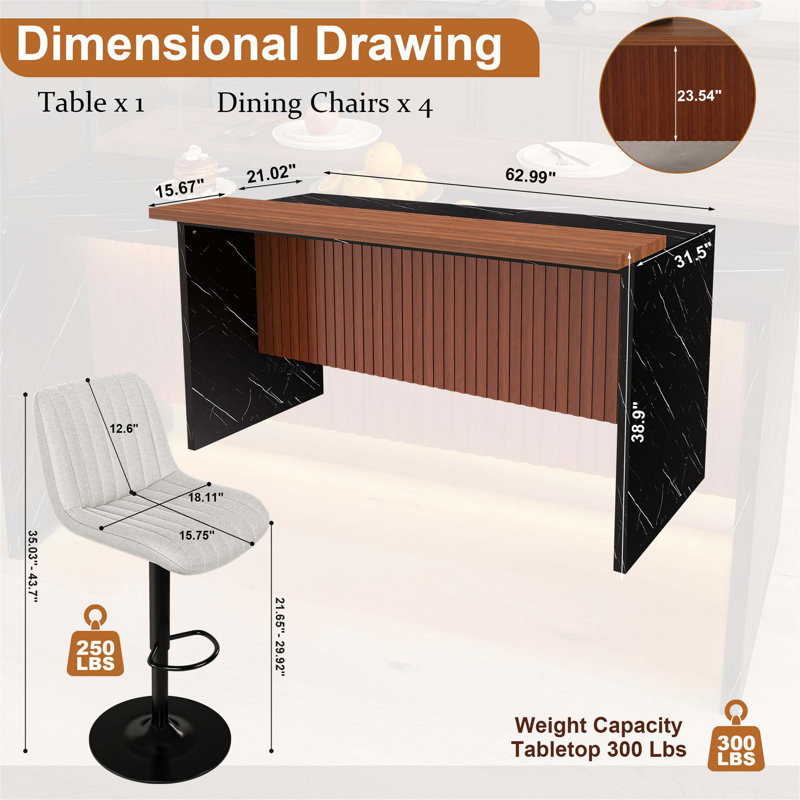 Ensemble de table de salle à manger de style moderne avec éclairage DEL et 4 tabourets de bar pour les espaces de vie contemporains