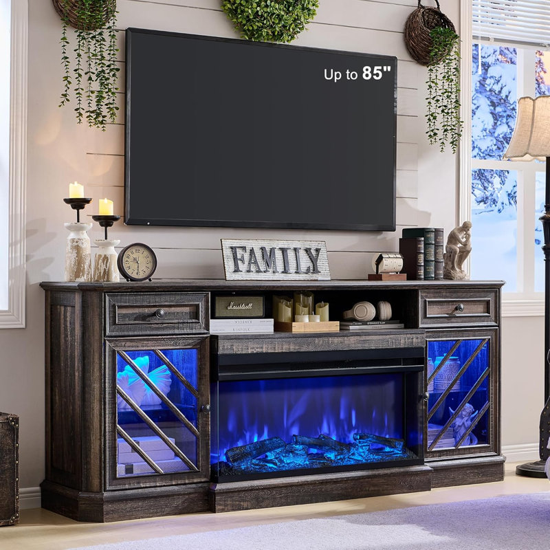 75 Inch Electric Fireplace Tv Stand For Tvs Up To 85'' With 36" Fireplace & Led Lights With Shelves & Storage
