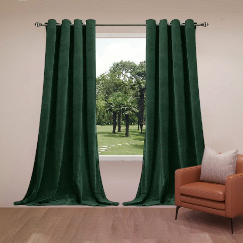 Dark Green Velvet Blackout Curtain Panel Pair