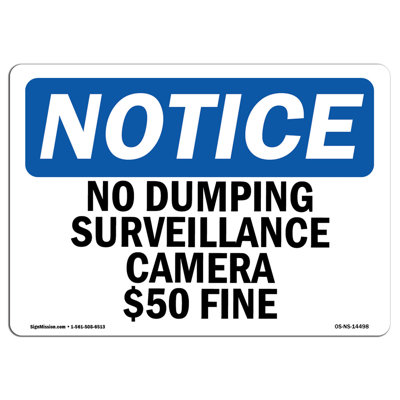 No Dumping Surveillance Camera $50 Fine Aluminum Sign 12 x 18