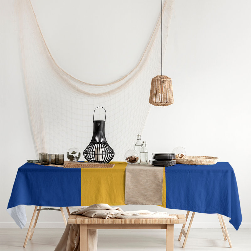 Mélange de coton rayé Nappe, Bleu / Or / Bleu