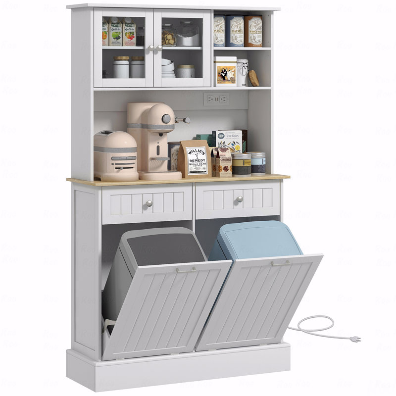 Armoire de rangement pour garde-manger 68 po avec station de charge, 2 armoires à ordures inclinables et support pour micro-ondes, huche de cuisine autoportante avec portes en verre et tablette réglable