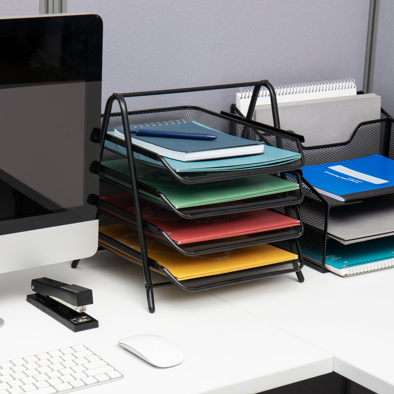 Mind Reader 4-Tier Paper Tray, Desktop Organizer, File Storage, Workspace, Office, Metal Mesh, 12"L x 13.75"W x 12.5"H, Black