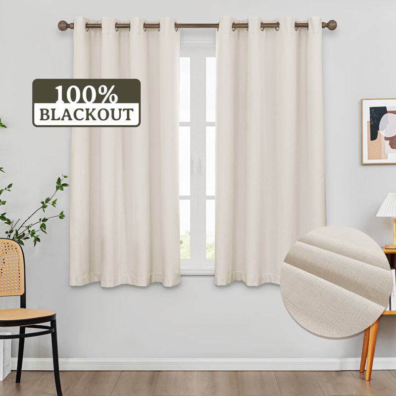100% Blackout Thermal Insulated Polyester Curtain Pair, Beige, 52" W x 63" L