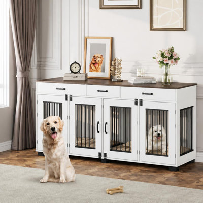 Cage double pour 2 chiens de taille moyenne à grande, style meuble, de 180 cm (71 po), robuste et résistant, avec 3 tiroirs de rangement coulissants, meuble télé à double porte avec système de verrouillage multipoints.