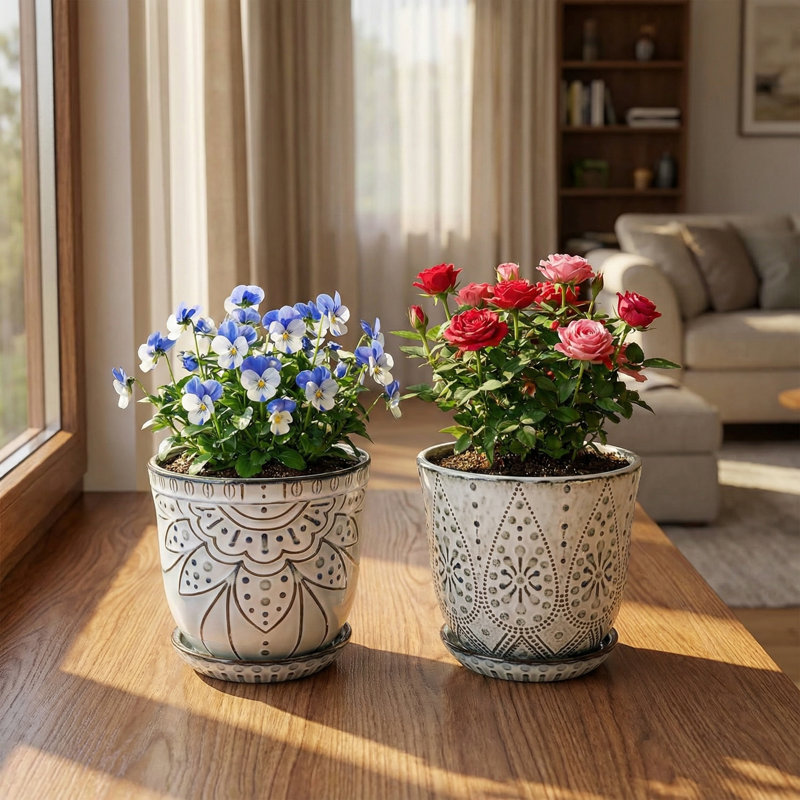 6 Inch Beaded Ceramic Planter Set Of 2 With Drainage Hole And Saucer For Plants, Indoor-Outdoor Large Round Succulent Orchid Flower Pot (Smoked Gray, Inner-Pots Not Larger Than 5 Inch)