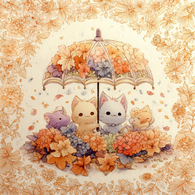 Floral Kittens with Umbrella Wrapped Canvas Wall Art
