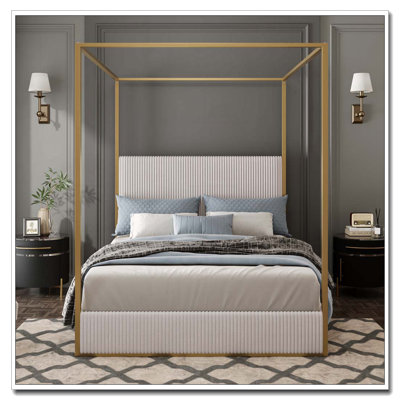 Metal Canopy Bed With Tall Corduroy Upholstered Headboard And Four Poster, No Box Spring Needed