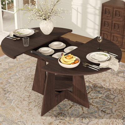 Extendable Round Dining Table, Retro Brown Farmhouse Table with Storage Shelf & Wood Pedestal Base, Red Brown