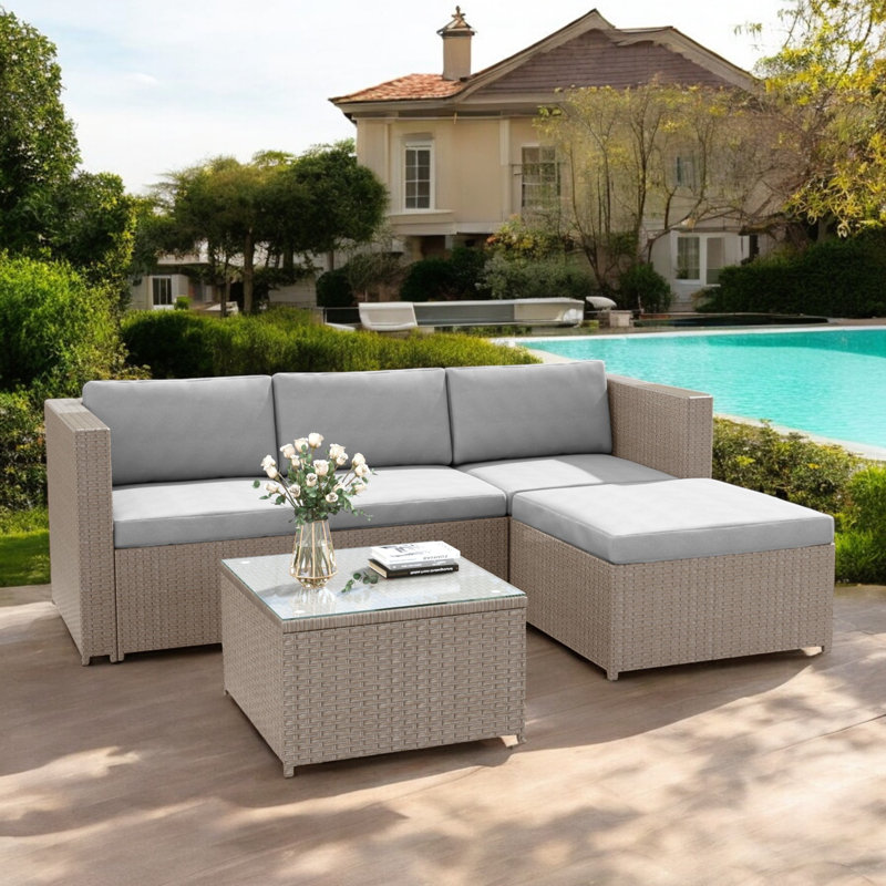 Wicker 4 - Person Garden Lounge Set with Cushions, Light Grey/Khaki