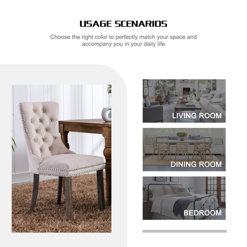 Velvet Tufted Accent Chair with Nailhead Trim & Back Ring Detail, Set of 2，Vintage Wooden Legs for Living Room & Dining Space(Beige)