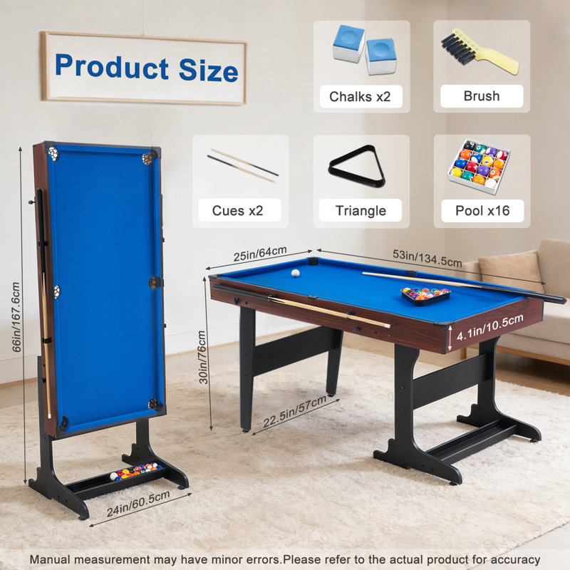Table de billard pliable de 53 po, table de billard autoportante avec rangement pour queues de billard, conception verticale peu encombrante, cadre robuste pour les salles de jeux, les salons et les appartements