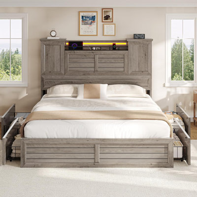 Farmhouse Queen Bed Frame with Headboard & Storage Cabinets, Wooden Platform Bed Frame with 4 Drawers, No Box Spring Needed, Gray