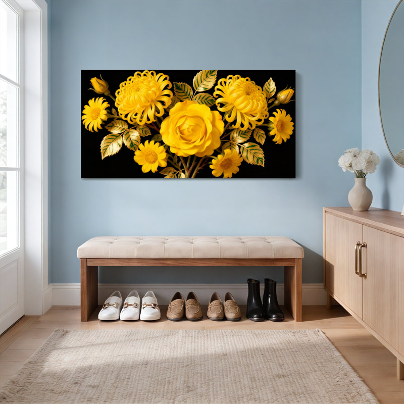 Ensemble de 1 tableau sur toile tendue représentant des fleurs et des feuilles sur fond uni, H 28 po x l 58 po