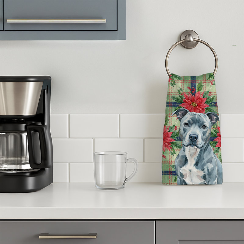 Blue American Staffordshire Terrier Christmas PoinsettIas Kitchen Towel, Blue American Staffordshire Terrier