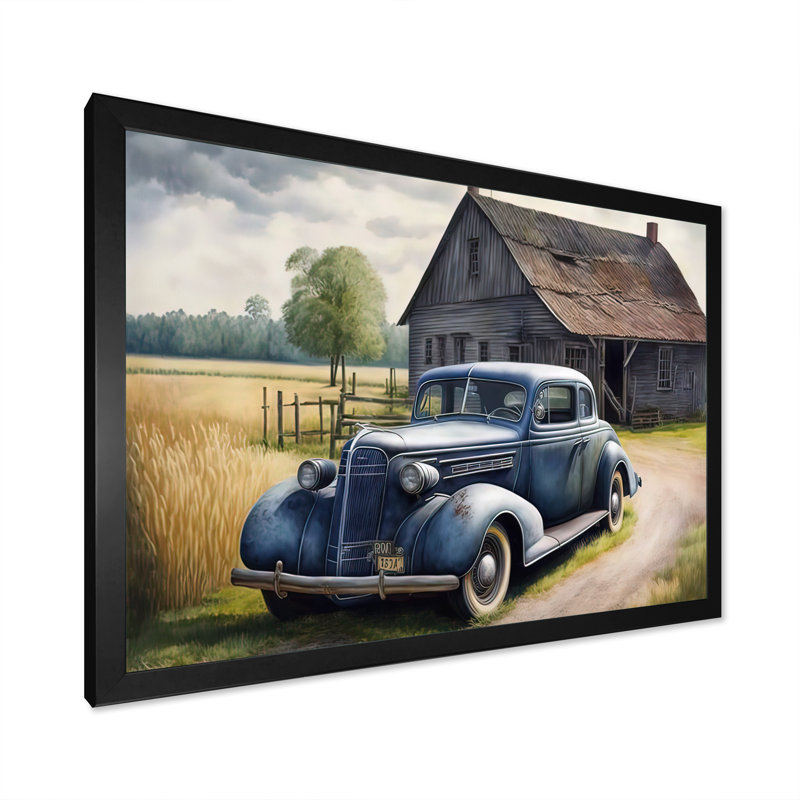 Vieille voiture bleue à la grange - peinture sur toile, Impression noire sur toile encadrée, H 12 po x l 20 po x P 1 po
