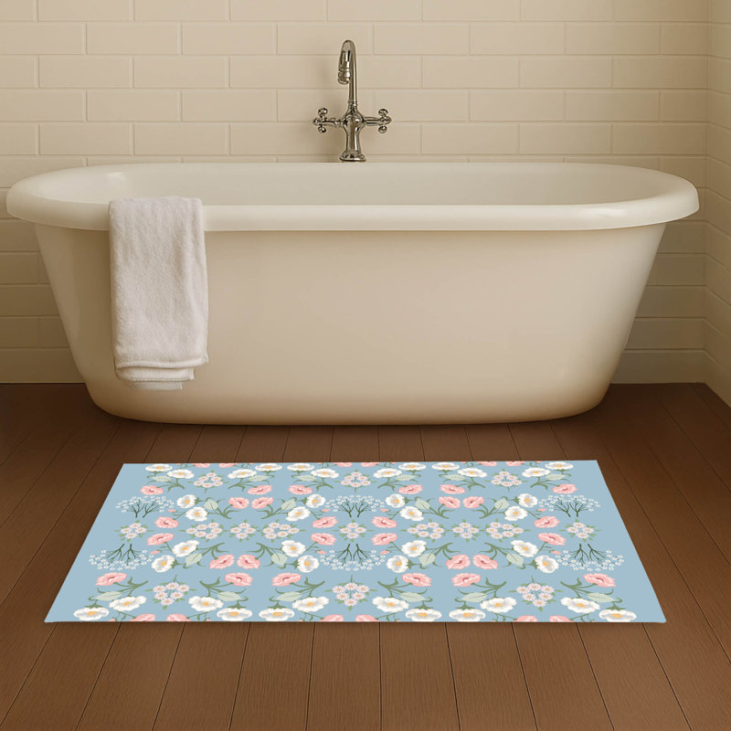 May flowers Non-Skid Bath Mat, 34" L x 21" W, Denim Blue