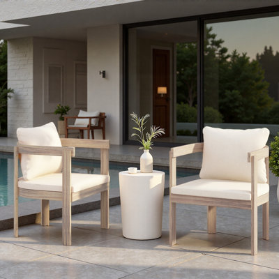 Ensemble de 2 chaises de salle à manger en bois d'acacia, fauteuils avec coussins crème, fauteuil d'appoint en tonneau, ensemble de chaises d'appoint de cuisine confortables pour balcon, cour, jardin
