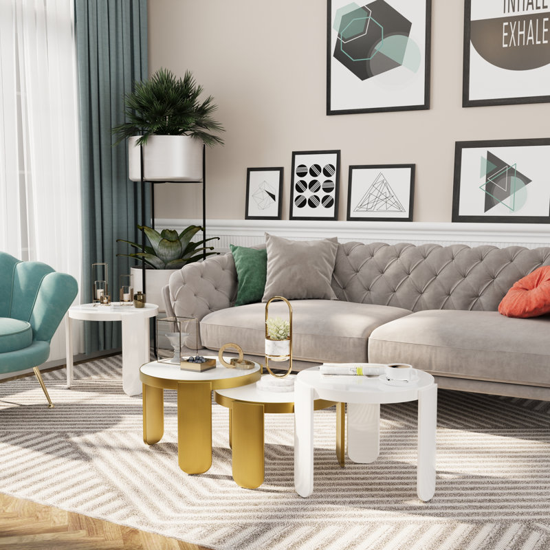 4-In-1 Gold Coffee Table, 4-Piece Round Luxury Nesting Coffee Table Set Of 4,Coffee Table For Living Room, Apartment, Office, Small Space, White/Black Glass Top