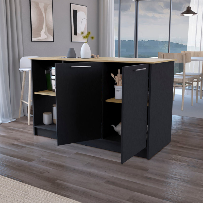 Îlot de cuisine Mercury avec comptoir spacieux, armoires à deux portes et 2 tablettes de rangement ouvertes, Noir