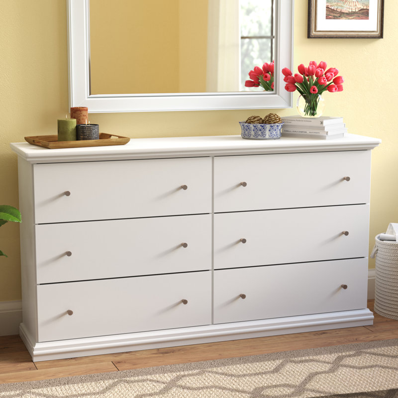 Commode 6 tiroirs Leano, Blanc véritable