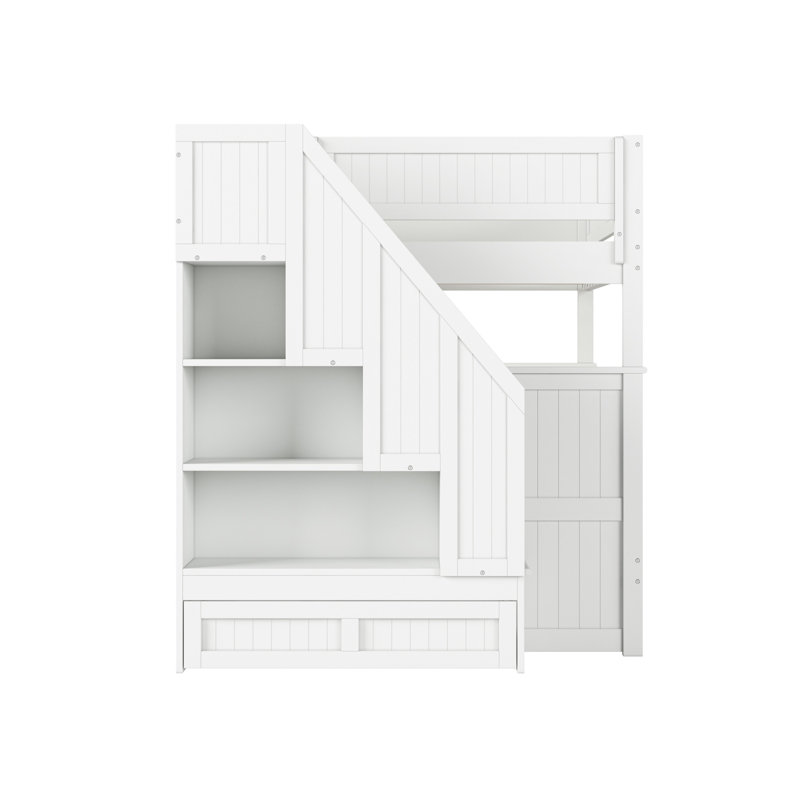 Keaire Staircase Bunk Bed with Storage Drawer and Twin Trundle, White, Twin Over Twin