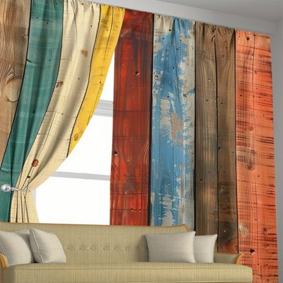 2Pcs Colorful Wooden Plank Print Curtains, Rustic Rainbow Panel Design, Rod Pocket Mount,  Farmhouse Decor, Boho Style, Weathered Wood Look, Light Filtering, For Living Room Bedroom Kitchen Dining Home