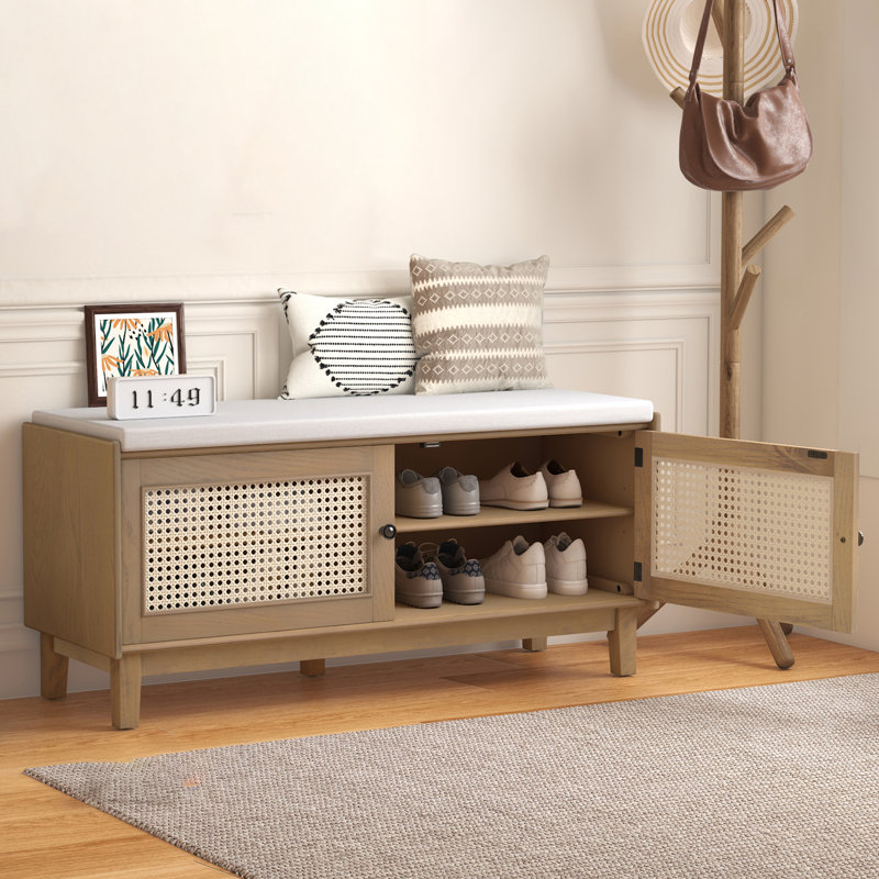 Banc de rangement de 43 po de large avec banc à coussins pour hall d'entrée, Naturel