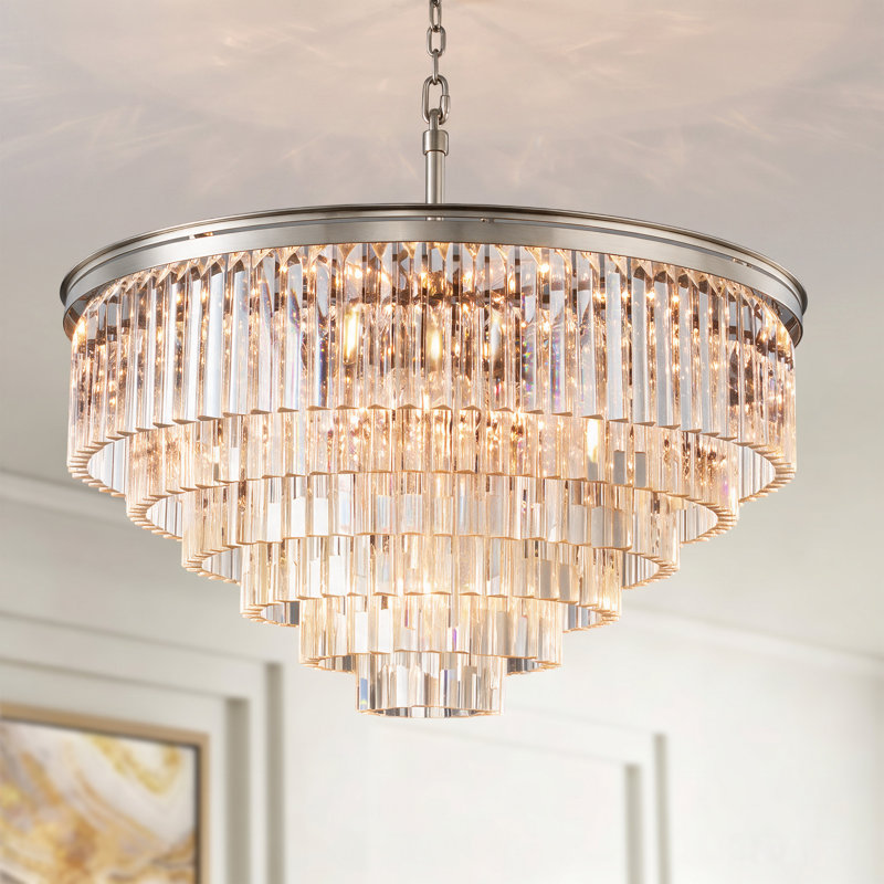 Lustre moderne en cristal 25 lumières 39 po, H 21,7 po x l 39 po x P 39 po, Nickel brossé, 25 lumières