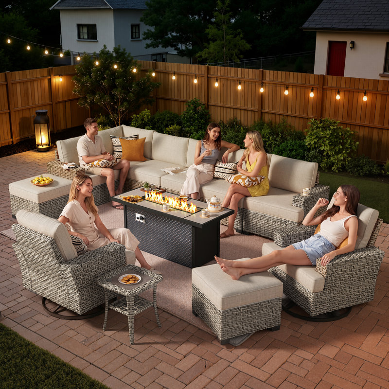 Tommy Wicker 10-Person Modular Outdoor Sectional Seating Group With Swivel Chairs And Cushions, Patio Conversation Set With Fire Pit Table