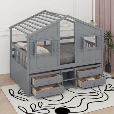 Full Size House Loft Bed With Roof, Windows,4 Storage Drawers