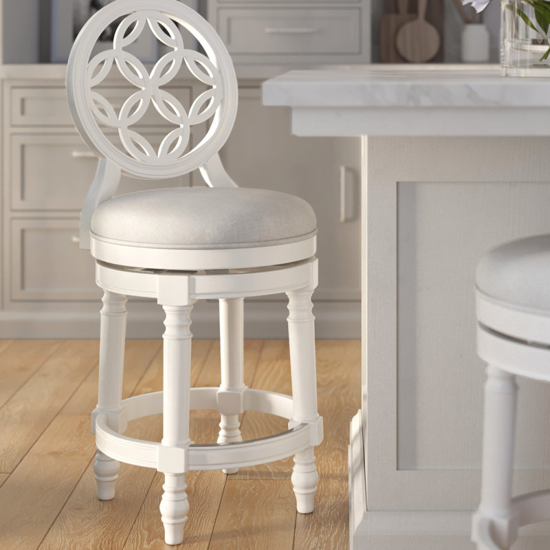 Tabouret de bar 26 po en bois à hauteur de comptoir avec dossier haut, siège rond pivotant en blanc, retour automatique à 180 degrés, pieds tournés, assemblage facile, largeur de 20,08 po, dossier blanc de 43,64 po de hauteur, siège