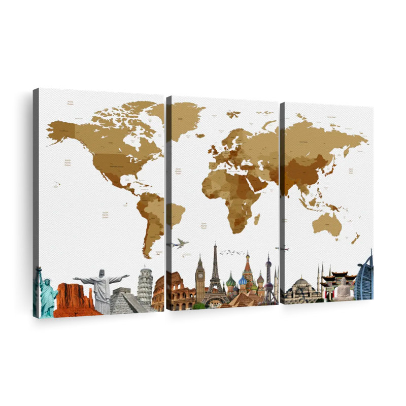 Carte du monde en bronze 3 pièces, H 32 po x l 50 po x P 1,25 po